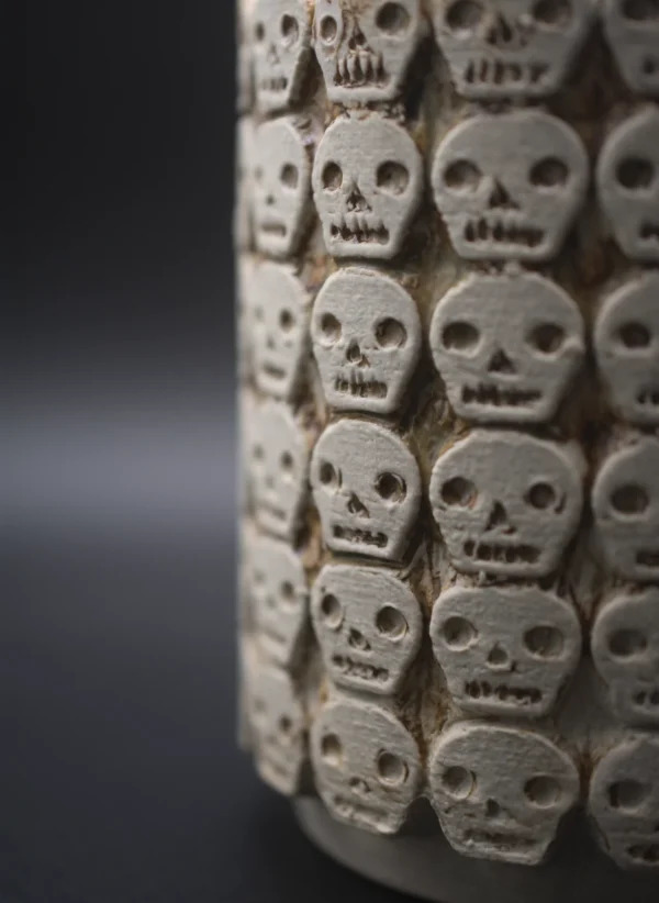 Detalle de calaveras en relieve que decoran el vaso de cerámica.